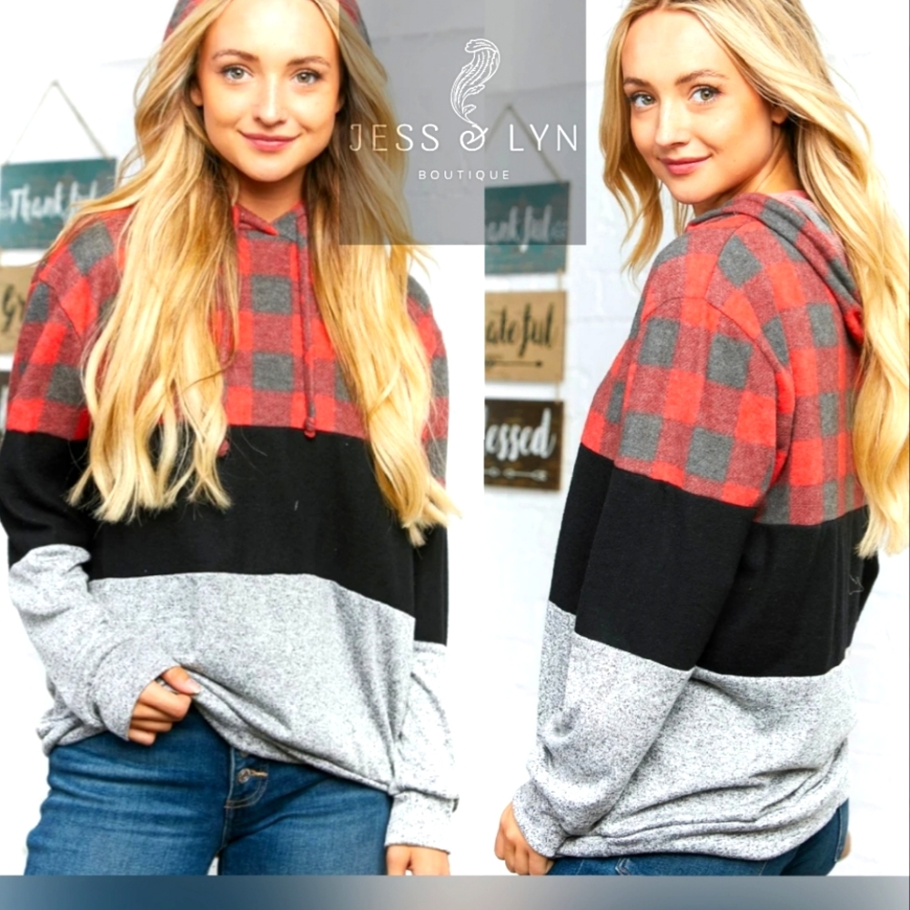 🆕 Red Buffalo Plaid 3 Tone Pullover Hoodie